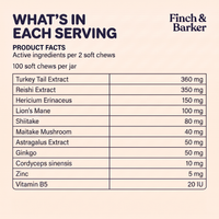 Mängd aktiva ingredienser per två mjuka tuggbitar Finch & Barker Wellness Chews.
