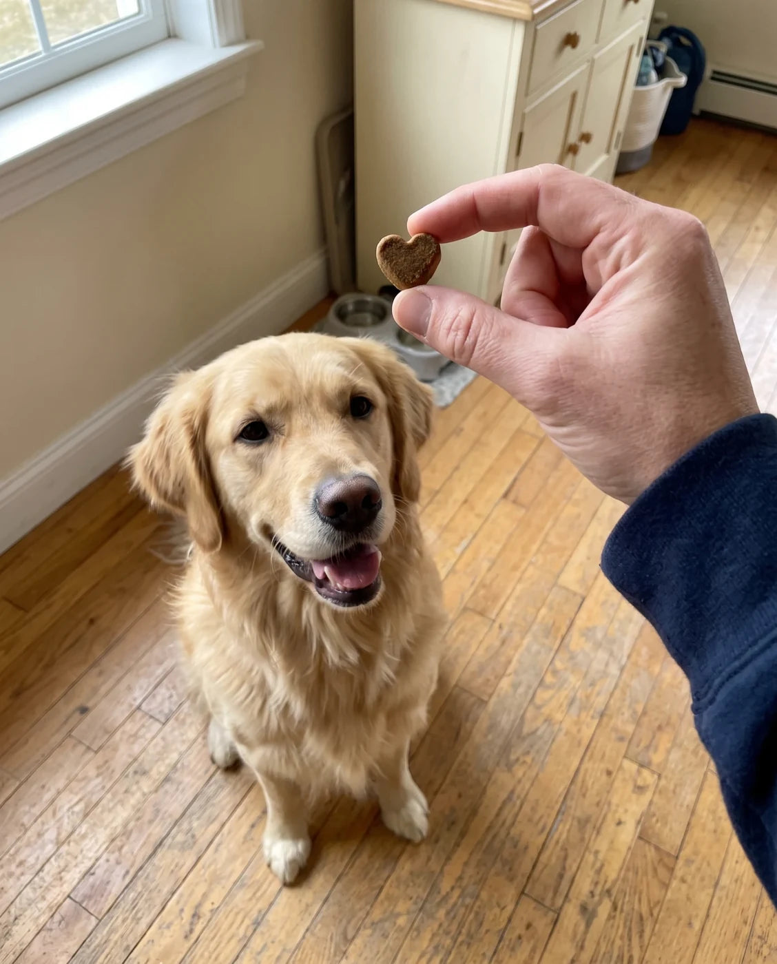 Glad golden retriever som tittar upp på en bit