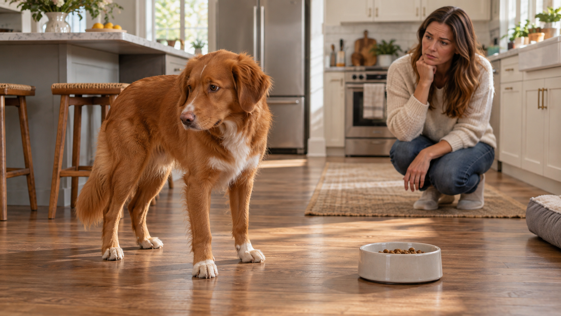 Concerned owner observing a dog that has stepped away from its food bowl in a bright American kitchen