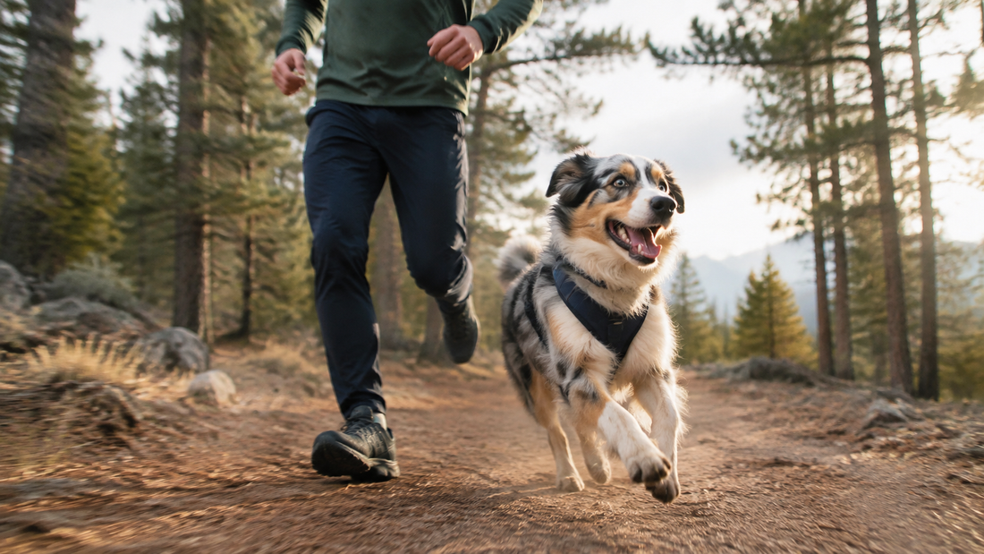 Australian shepherd running beside its owner on a forest trail