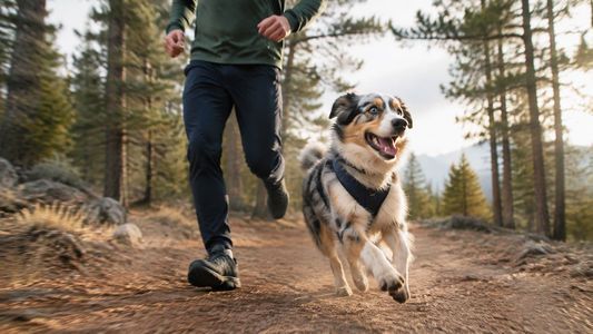 Australian shepherd running beside its owner on a forest trail