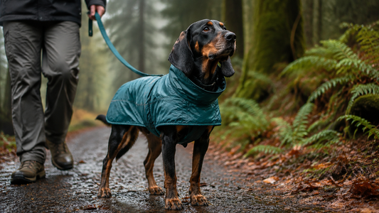 Black-and-tan coonhound in a raincoat on a wet woodland trail
