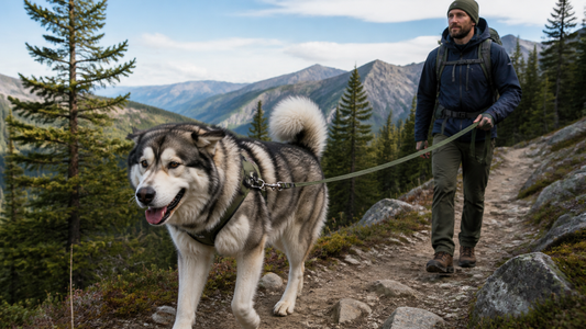 Owner hiking with an Alaskan Malamute on a secure long line along a cool mountain trail