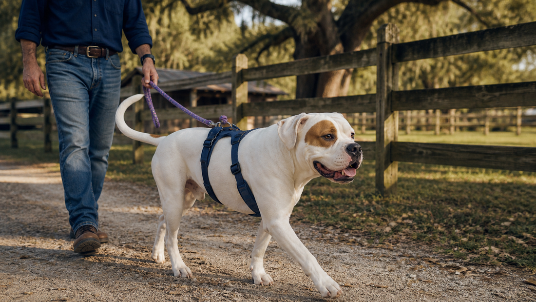 White American Bulldog walking calmly in a navy harness beside an owner on a shaded Southern ranch path