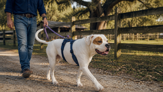 White American Bulldog walking calmly in a navy harness beside an owner on a shaded Southern ranch path