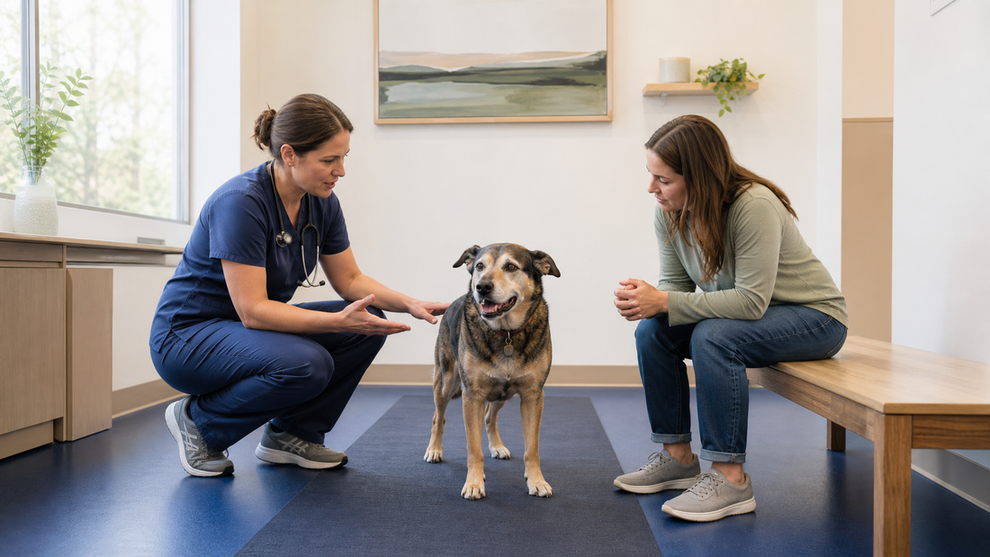 Veterinarian and owner discussing a mobility and inflammation plan beside a relaxed senior dog