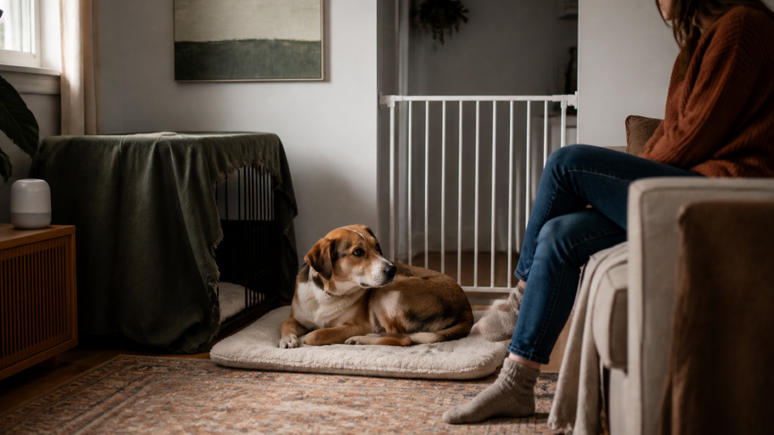 Owner calmly helping an anxious dog settle in a quiet home retreat