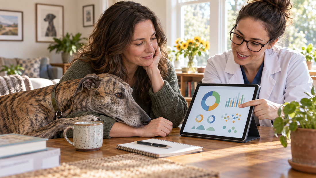 Rescue Lurcher Artemis beside a microbiologist reviewing a canine gut report