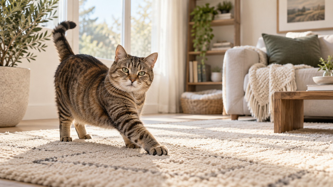 Senior tabby cat stretching one foreleg on a soft rug in a bright American home
