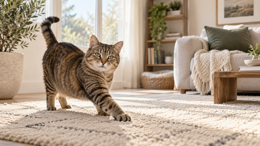Senior tabby cat stretching one foreleg on a soft rug in a bright American home