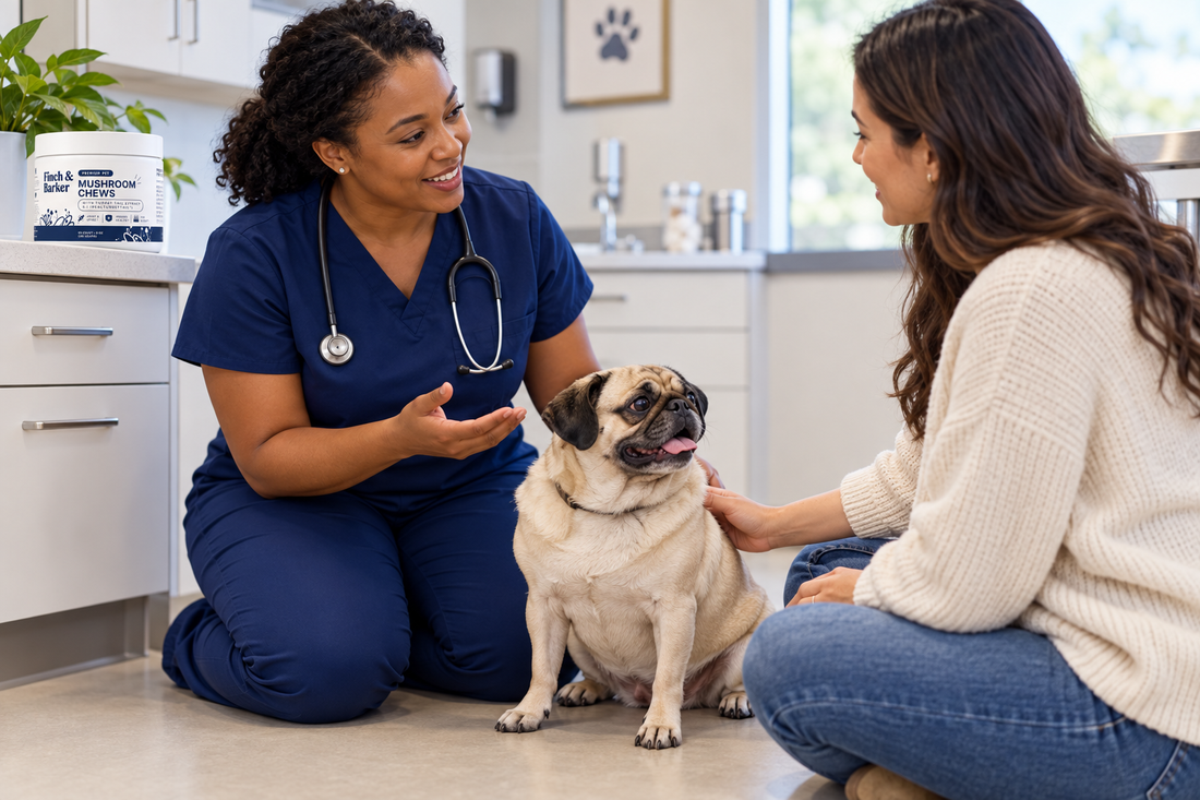 Veterinarian discussing an adult Pug's wellness routine beside Finch and Barker Mushroom Chews
