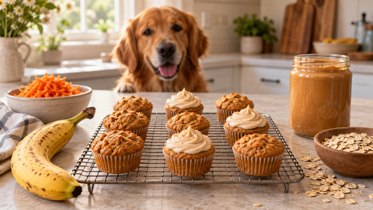 Mini banana peanut butter pupcakes cooling beside carrot oats and an unbranded peanut butter jar