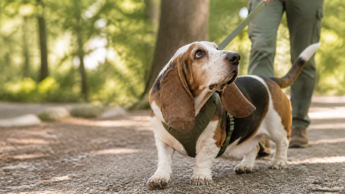 Healthy adult tricolor Basset Hound walking in a sage harness on a shaded American park trail