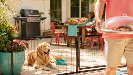 Golden Retriever resting behind a pet gate during a backyard cookout