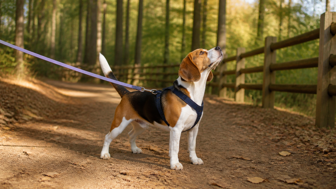 Tricolor Beagle in a navy harness on a lilac long line in a fenced park