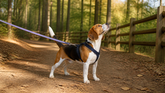Tricolor Beagle in a navy harness on a lilac long line in a fenced park