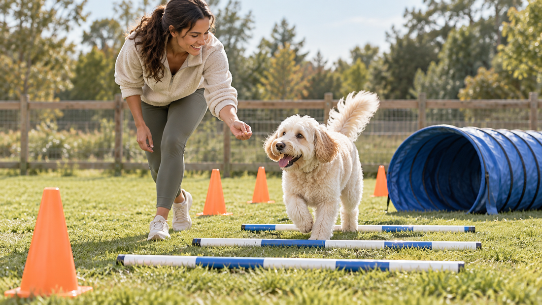 Adult dog and owner practicing a low beginner agility course on a safe fenced grass field
