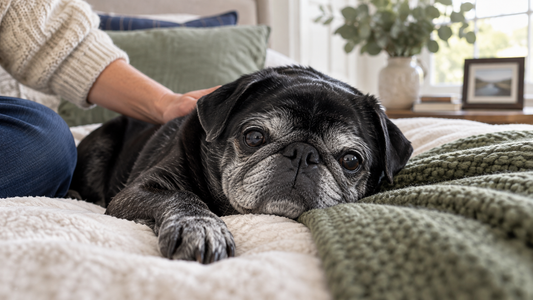 Senior black pug named Benson resting comfortably beside his owner at home
