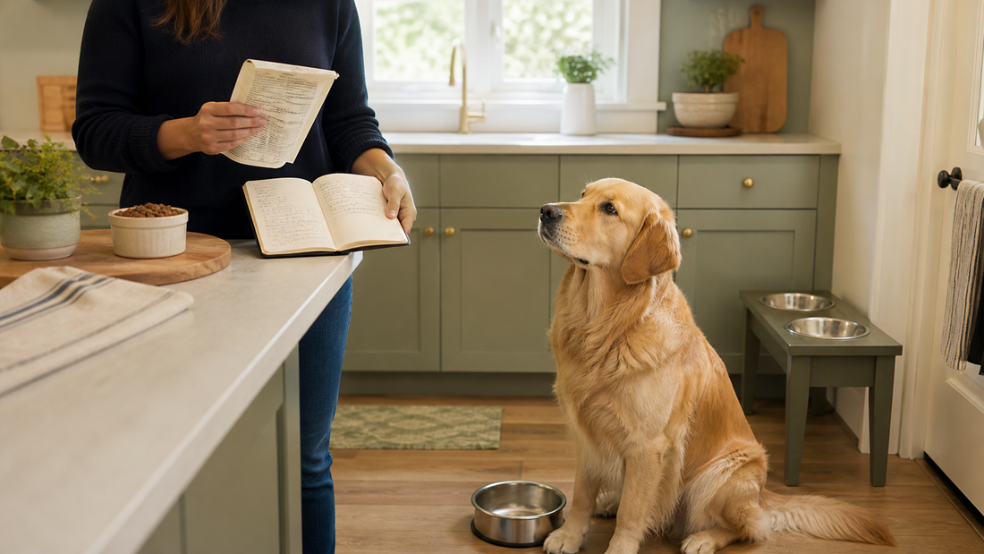 Golden Retriever beside a measured meal while an owner compares an ingredient label with a digestive symptom journal