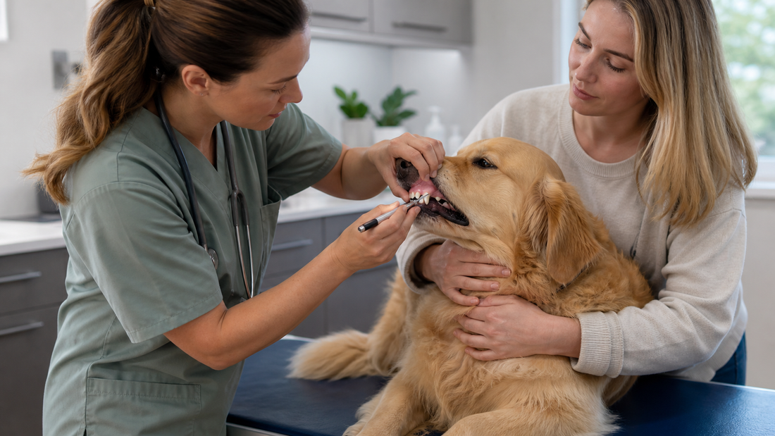 Veterinarian gently examining a Golden Retriever's gumline while the owner reassures the dog