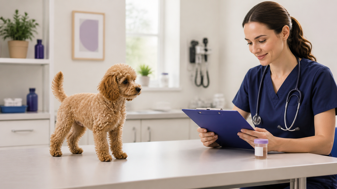 Alert apricot poodle puppy during a veterinary stool check