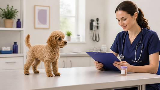 Alert apricot poodle puppy during a veterinary stool check