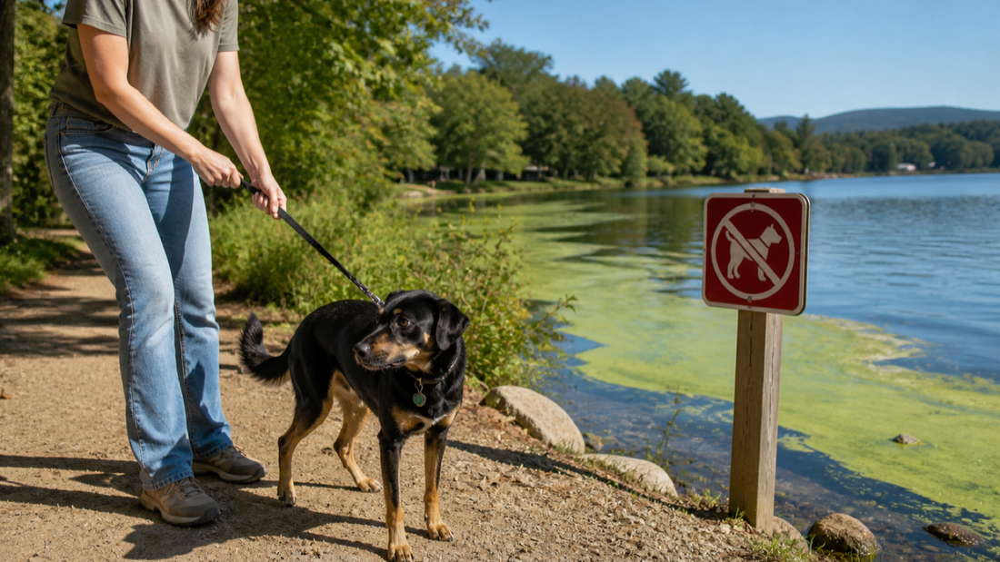 Leashed dog kept away from a lake with a blue-green algae warning sign