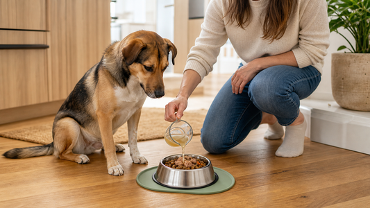 Owner pouring cooled plain bone broth over a measured bowl of dog food while a dog waits calmly