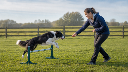 Border Collie clearing a low agility jump toward an owner offering a reward on a fenced American training field