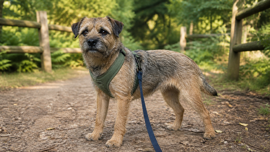 Healthy grizzle and tan Border Terrier standing in a sage harness on a shaded American park trail