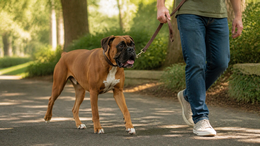 Healthy adult fawn Boxer dog walking beside its owner on a shaded American park path