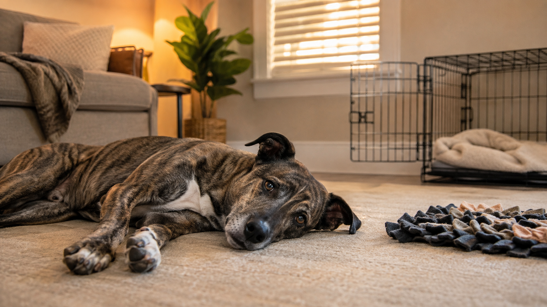 Relaxed brindle dog resting in a warm living room