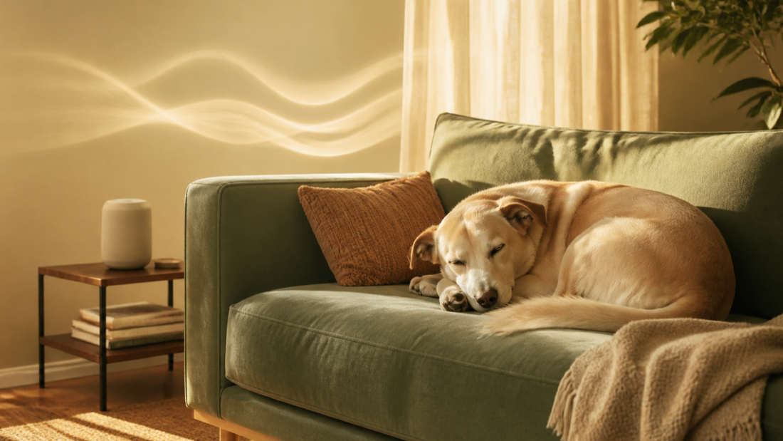 Relaxed adult dog resting near a speaker playing low-volume music