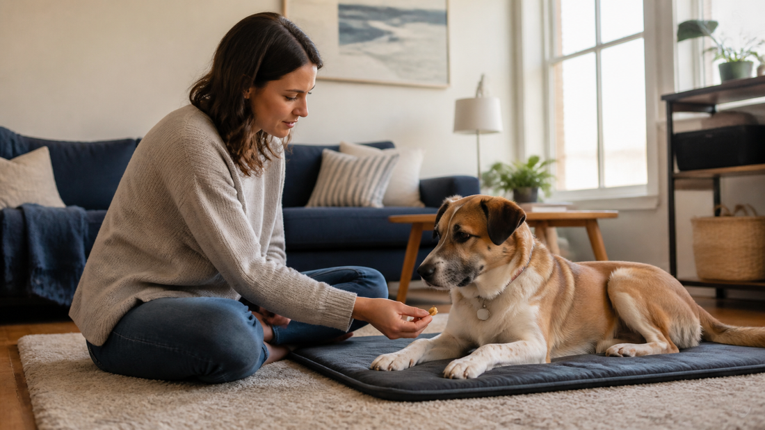 Owner rewarding a relaxed mixed-breed dog for settling calmly on a mat in an American living room
