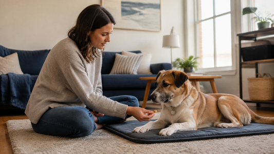 Owner rewarding a relaxed mixed-breed dog for settling calmly on a mat in an American living room