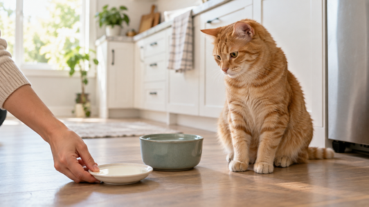 Orange tabby watching an owner move cow milk away while fresh water remains available
