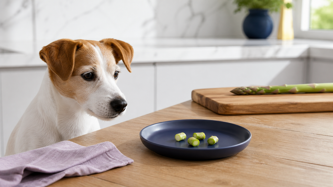 Jack Russell Terrier beside a navy plate with soft cooked asparagus pieces