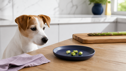 Jack Russell Terrier beside a navy plate with soft cooked asparagus pieces