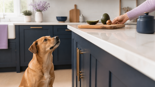 Golden-brown dog watching avocado skin and pit moved safely onto a high kitchen counter