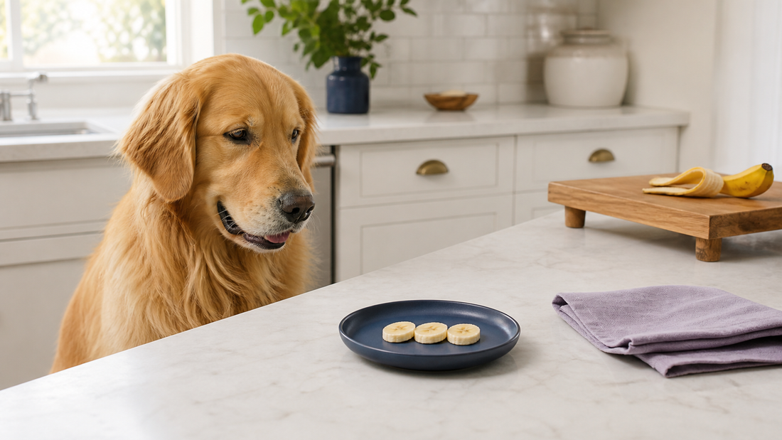 Golden Retriever beside a navy plate with three peeled banana slices