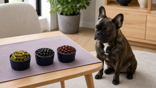French bulldog beside plain cooked green, black and kidney beans