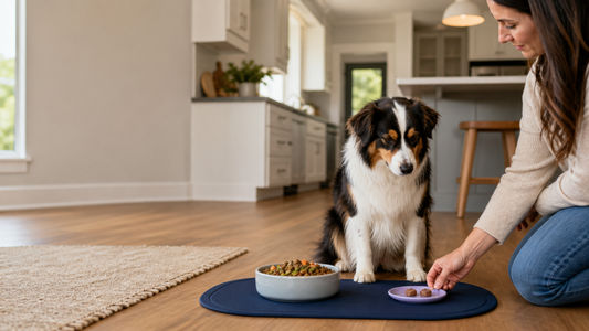 Tricolor Australian shepherd waiting for two tiny pieces of plain cooked lean beef