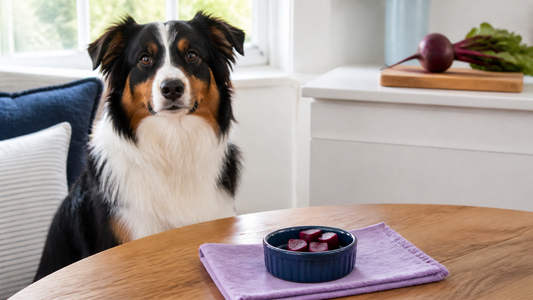 Australian Shepherd beside a tiny bowl of plain cooked beet pieces