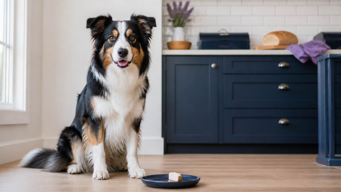 Border Collie beside a navy saucer with one small plain bread piece