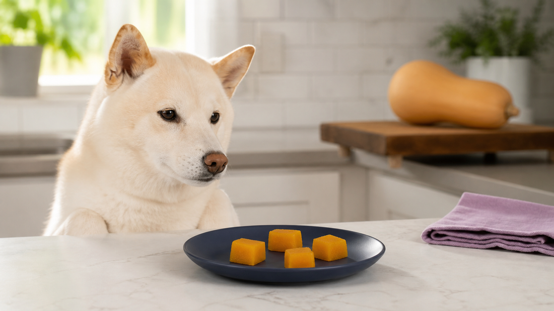 Cream Shiba Inu beside a navy plate with four cooked butternut squash pieces