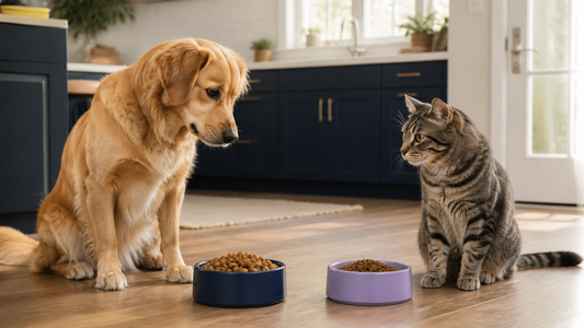 Golden dog and gray tabby cat beside separate navy and lilac food bowls