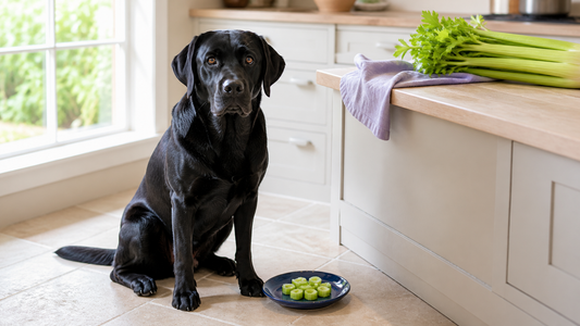 Black Labrador beside bite-size pieces of plain celery