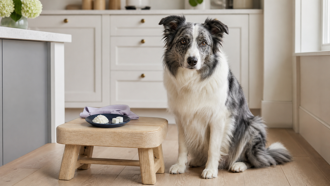 Border Collie beside tiny portions of mozzarella and cottage cheese