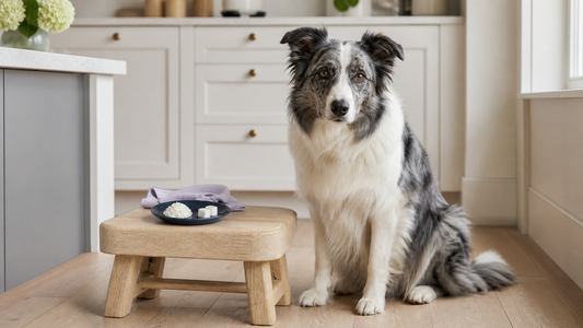 Border Collie beside tiny portions of mozzarella and cottage cheese