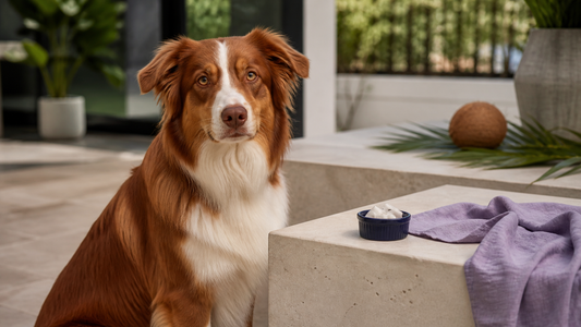 Australian Shepherd beside a tiny bowl of fresh coconut pieces